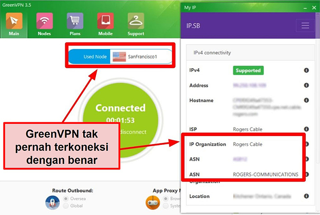  Tangkapan layar antarmuka GreenVPN yang menunjukkan koneksi server dan pengaturan IP