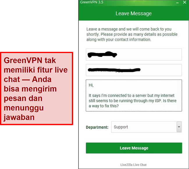  Tangkapan layar layar dukungan GreenVPN