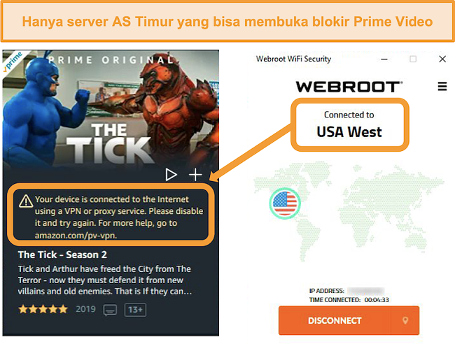 Tangkapan layar kesalahan proxy Amazon Prime Video saat terhubung ke server USA West Webroot WiFi Security