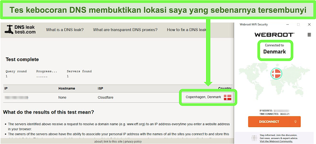 Tangkapan layar dari uji kebocoran DNS yang berhasil saat Webroot WiFi Security tersambung ke server di Denmark