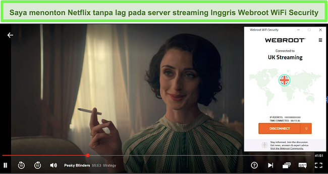 Tangkapan layar streaming Netflix Peaky Blinders saat tersambung ke server Streaming Inggris Raya Webroot WiFi Security