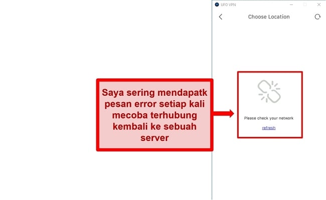 Tangkapan layar dari kesalahan daftar server UFO VPN