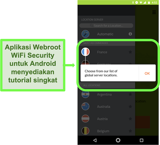 Tangkapan layar aplikasi Android Webroot WiFi Security memberikan tutorial pengguna