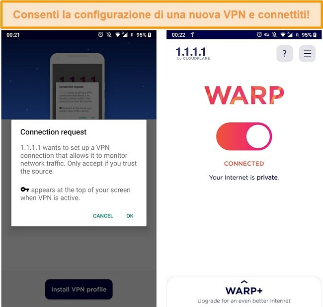 Screenshot delle configurazioni VPN WARP da configurare su un iPhone