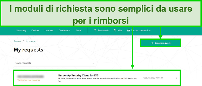 Screenshot delle richieste di supporto di Kaspersky sul sito Web di Kaspersky.