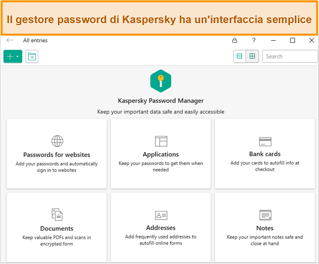 Screenshot dell'applicazione Kaspersky Password Manager, con la possibilità di aggiungere password, carte bancarie, indirizzi e documenti.