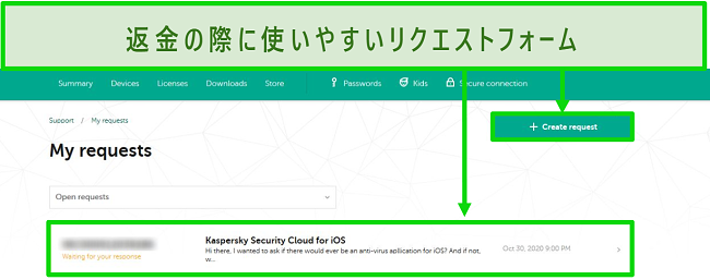 KasperskyWebサイトでのKasperskyサポートリクエストのスクリーンショット。