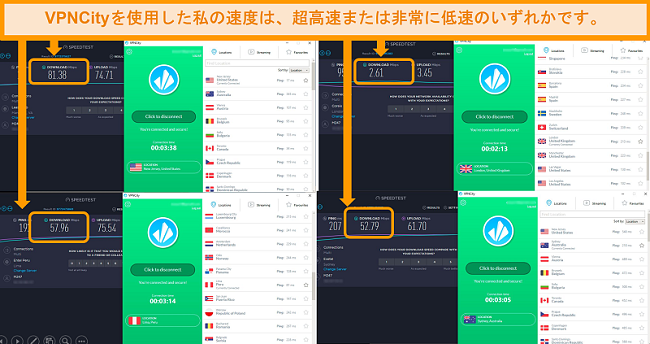 Speedtest.netの結果のスクリーンショット、4つの異なる国の速度を示しています