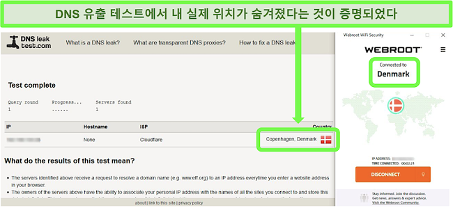 Webroot WiFi Security가 덴마크의 서버에 연결되어있는 동안 성공적인 DNS 누출 테스트 스크린 샷