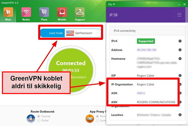 Skjermbilde av GreenVPN-grensesnitt som viser serverforbindelser og IP-innstillinger