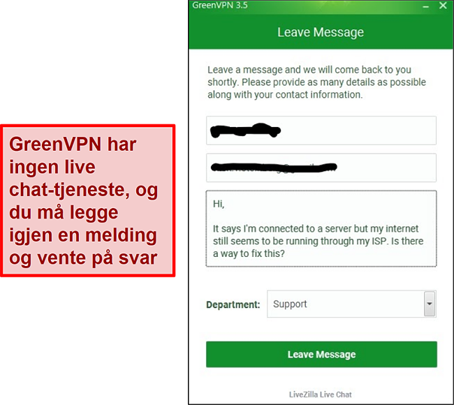 Skjermbilde av GreenVPN-støtteskjerm