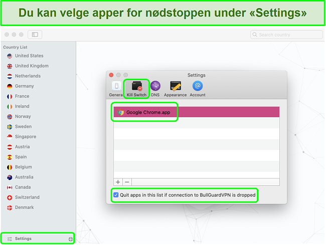 Skjermbilde av BullGuard VPNs innstillingsmeny som aktiverer Kill Switch for Google Chrome