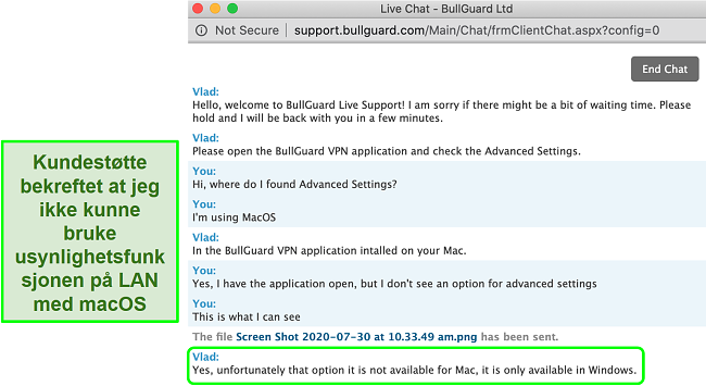 Skjermbilde av BullGuard VPNs kundeservice som bekrefter usynlighet på LAN er bare tilgjengelig på Windows