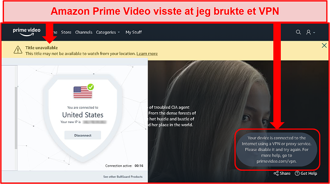 Skjermbilde av Amazon Prime Video utilgjengelighet med BullGuard tilkoblet