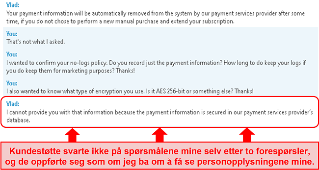 Skjermbilde av BullGuards støtte som ikke svarer på spørsmålet mitt om betalingsinformasjon, og deretter gir meg feil svar