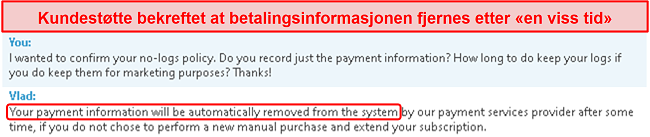 Skjermbilde av kundestøttechat som tydeliggjør at de lagrer betalingsinformasjon og fjerner den etter 