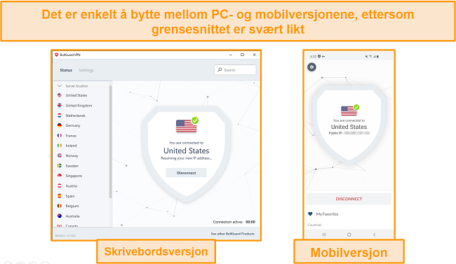 Skjermbilde av BullGuards grensesnitt på tvers av mobil og stasjonær PC