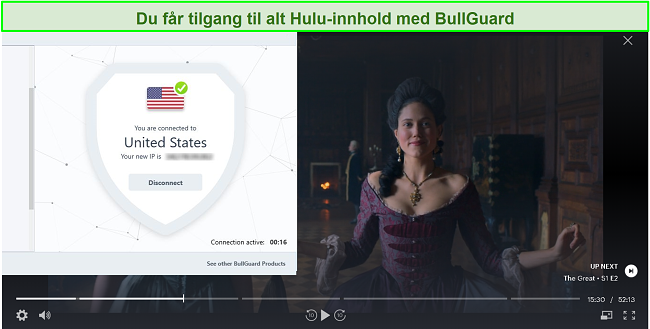 Skjermbilde av The Great på Hulu med BullGuard tilkoblet