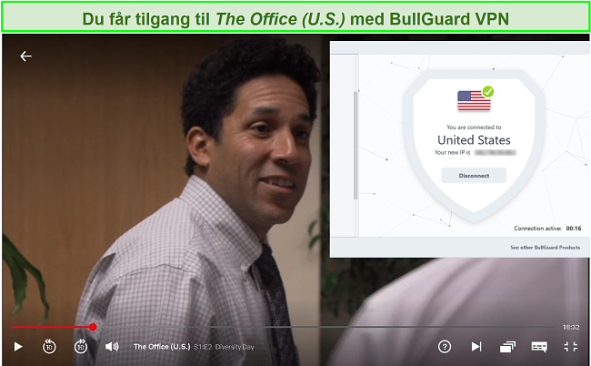 Skjermbilde av The Office på Netflix med BullGuard tilkoblet