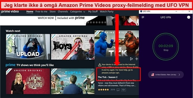 Skjermbilde av Amazon Prime Videos proxy-feil mens den er koblet til UFO VPNs New Jersey-server