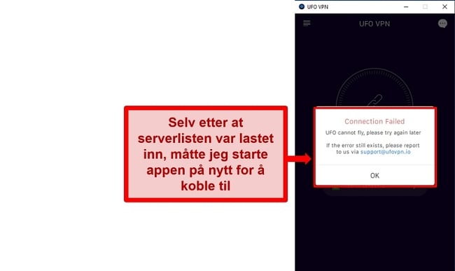 Skjermbilde av UFO VPNs tilkoblingsfeil