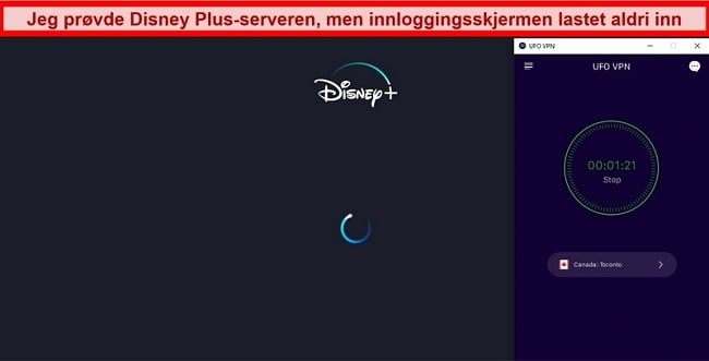 Skjermbilde av Disney + som prøver å laste mens UFO VPN er koblet til en Canada-server