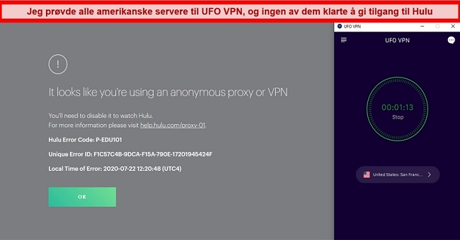 Hulu viser proxy-feilen mens den er koblet til UFO VPNs San Francisco-server