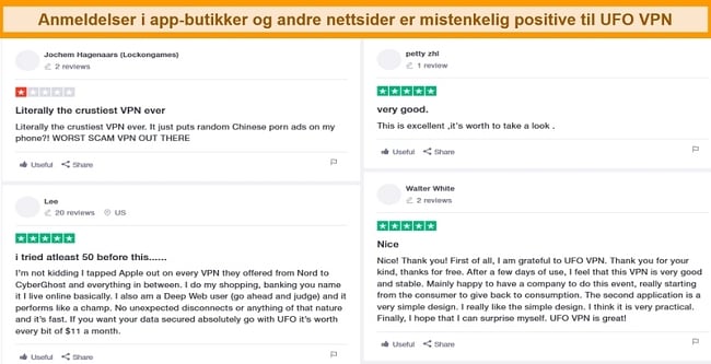 Skjermbilde av UFO VPN-anmeldelser på Trustpilot.com