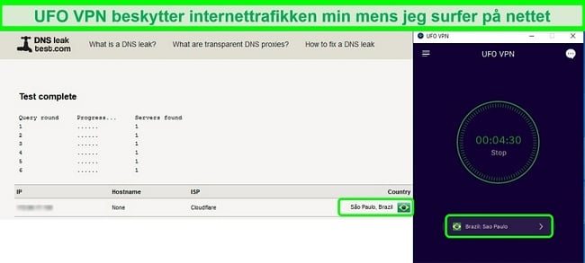 Skjermbilde av en vellykket DNS-lekkasjetest mens du er koblet til en UFO VPN-server i Brasil