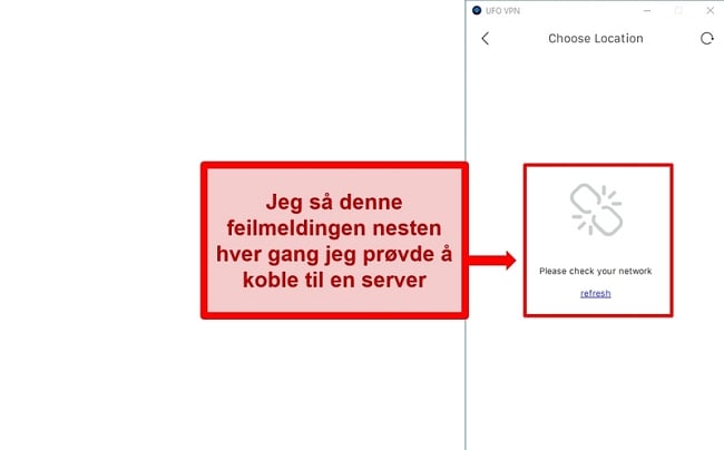 Skjermbilde av UFO VPNs serverlistefeil