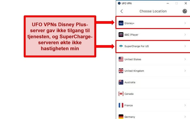 Skjermbilde av UFO VPNs serverliste