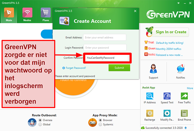 Screenshot van de GreenVPN-interface met het aanmaken van een account en het inlogscherm