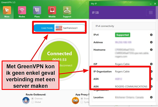 Screenshot van de GreenVPN-interface met serververbindingen en IP-instellingen