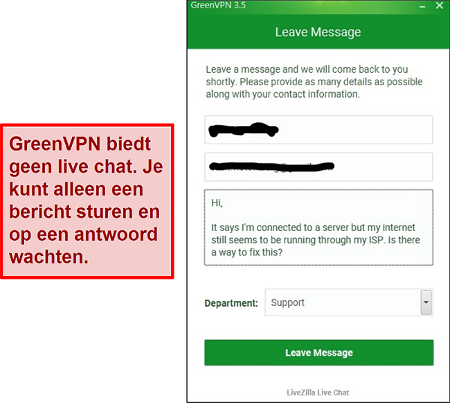 Screenshot van het GreenVPN-ondersteuningsscherm