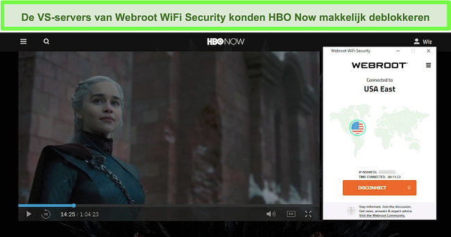 Screenshot van HBO Speelt nu Game of Thrones terwijl het verbonden is met een server in de VS.