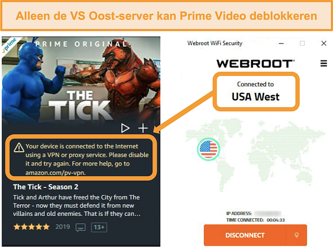 Schermafbeelding van de proxyfout van Amazon Prime Video terwijl deze was verbonden met de USA West-server van Webroot WiFi Security