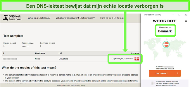 Screenshot van een geslaagde DNS-lektest terwijl Webroot WiFi Security is verbonden met een server in Denemarken