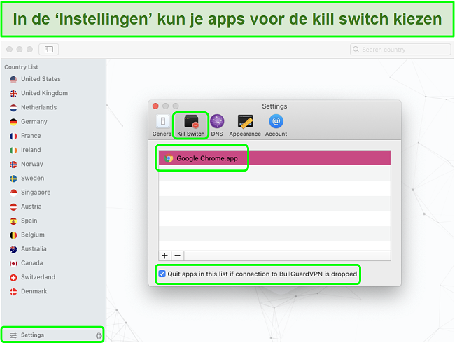 Screenshot van het instellingenmenu van BullGuard VPN dat de Kill Switch voor Google Chrome mogelijk maakt