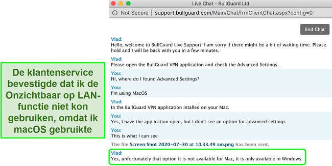 Screenshot van de klantenservice van BullGuard VPN die bevestigt dat Onzichtbaarheid op LAN alleen beschikbaar is op Windows