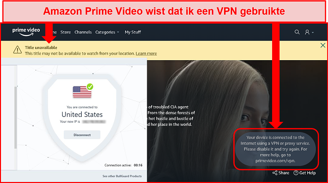 Screenshot van Amazon Prime Video onbeschikbaarheid met BullGuard aangesloten