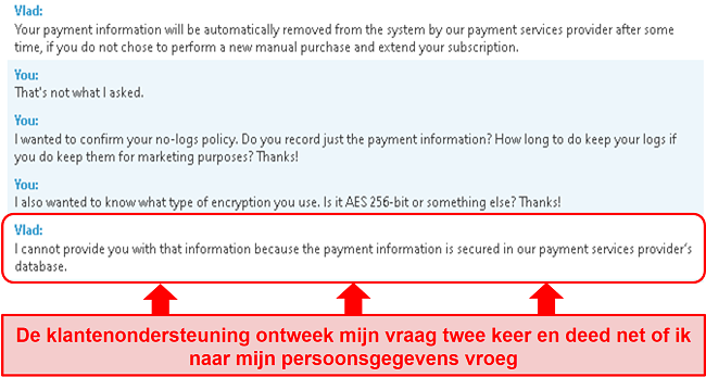 Screenshot van de ondersteuning van BullGuard die mijn vraag over betalingsinformatie niet beantwoordt en me vervolgens het verkeerde antwoord geeft