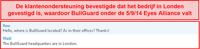 Screenshot van chat met klantenondersteuning die verduidelijkt dat hun basisactiviteiten in Londen zijn