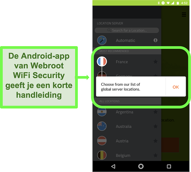 Screenshot van de Android-app van Webroot WiFi Security met een gebruikershandleiding