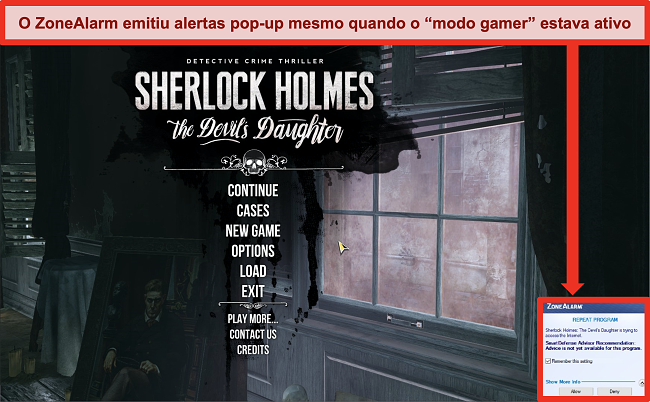 Captura de tela da notificação pop-up do ZoneAlarm quando o Modo Jogo está ativo