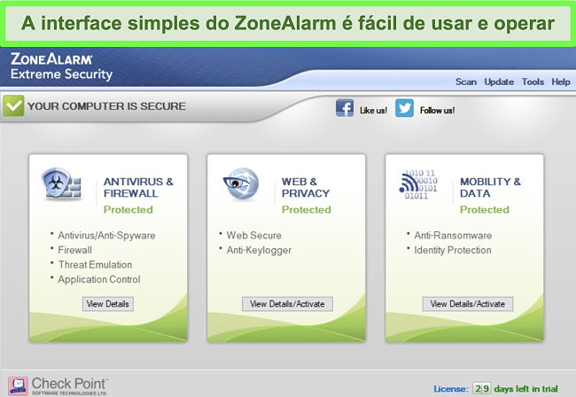 Captura de tela da interface principal do ZoneAlarm para o aplicativo Windows.