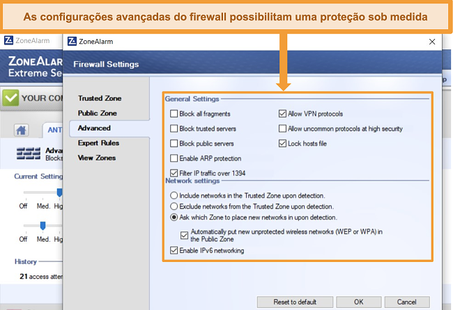 Captura de tela das configurações avançadas de firewall do ZoneAlarm.