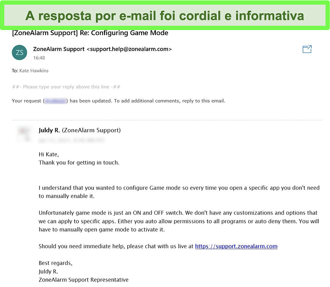 Captura de tela da resposta do tíquete de e-mail da ZoneAlarm a uma pergunta de suporte ao cliente.