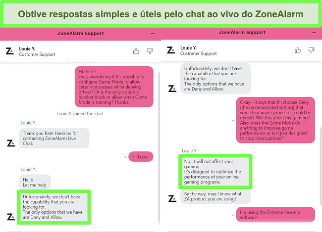 Captura de tela do agente de chat ao vivo do ZoneAlarm respondendo a uma pergunta.