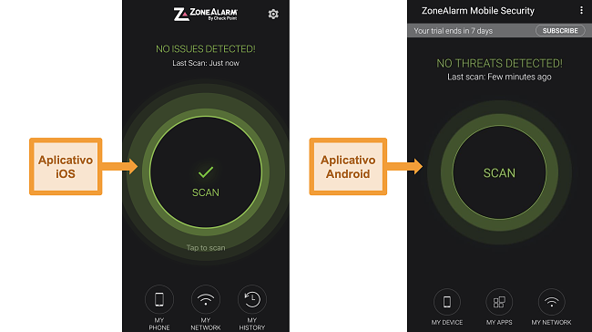 Captura de tela dos aplicativos Android e iOS da ZoneAlarm.