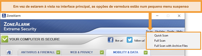 Captura de tela da localização do recurso de verificação de vírus do ZoneAlarm.